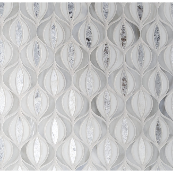 Vignette photography of Devotion glass tile line includes new patterns and new Italian glass and antique mirror.