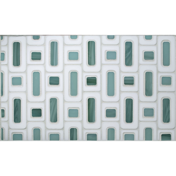 Color boards for the Devotion line from Oceanside Glasstile in colors Mistique and Blissful Breeze.